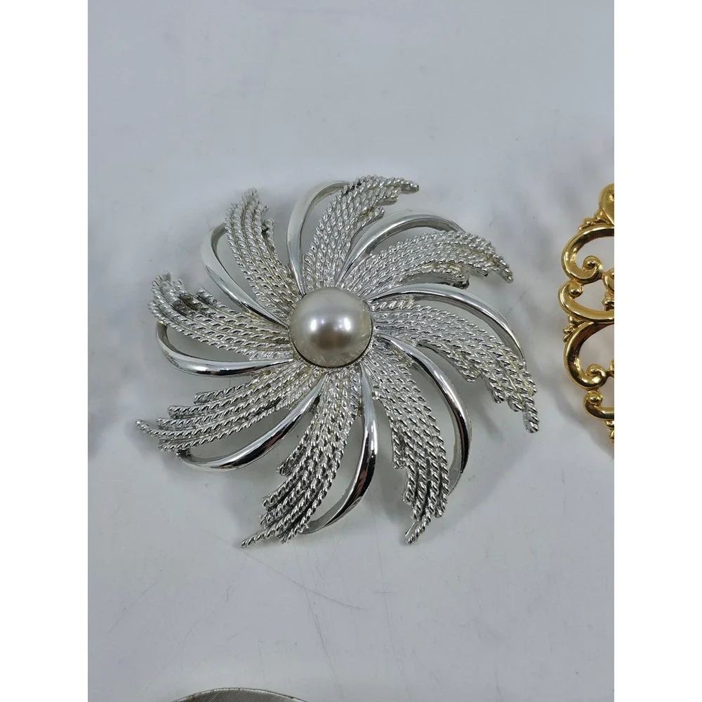 Vintage Brooch Lot 6pc Silver Gold Tone‎ Faux Pearl Filigree Floral Leaf Enamel